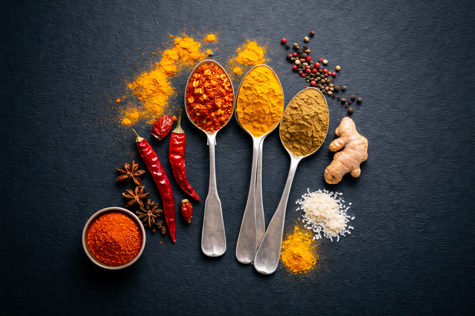 Colorful variety of spices in spoons including turmeric chili and pepper